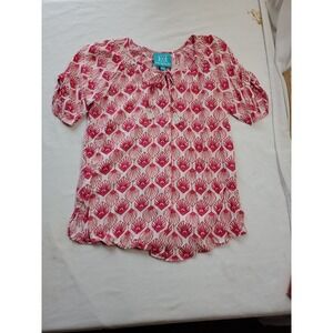 Escapada Size XS Pink Abstract Beaded Tassels Short Sleeve Vacation Resort Top